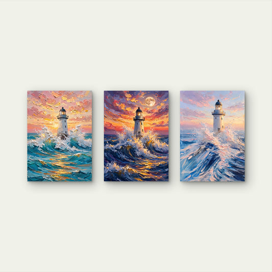 3pcs Coastal Lighthouse Ocean Wave Impasto Sunset Painting Wall Art Set Canvas Framed 40x60cm - High Quality Print 100% Australian Made Wall Canvas Ready to Hang