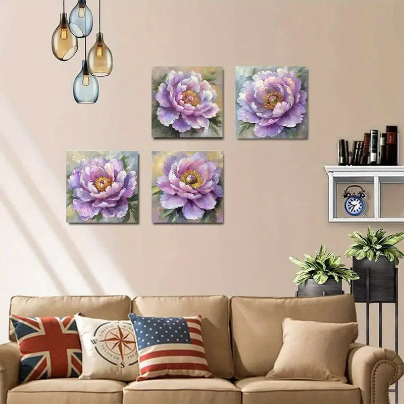 4pcsVibrant Purple Peonies & Green LeavesWall Art Canvas Framed