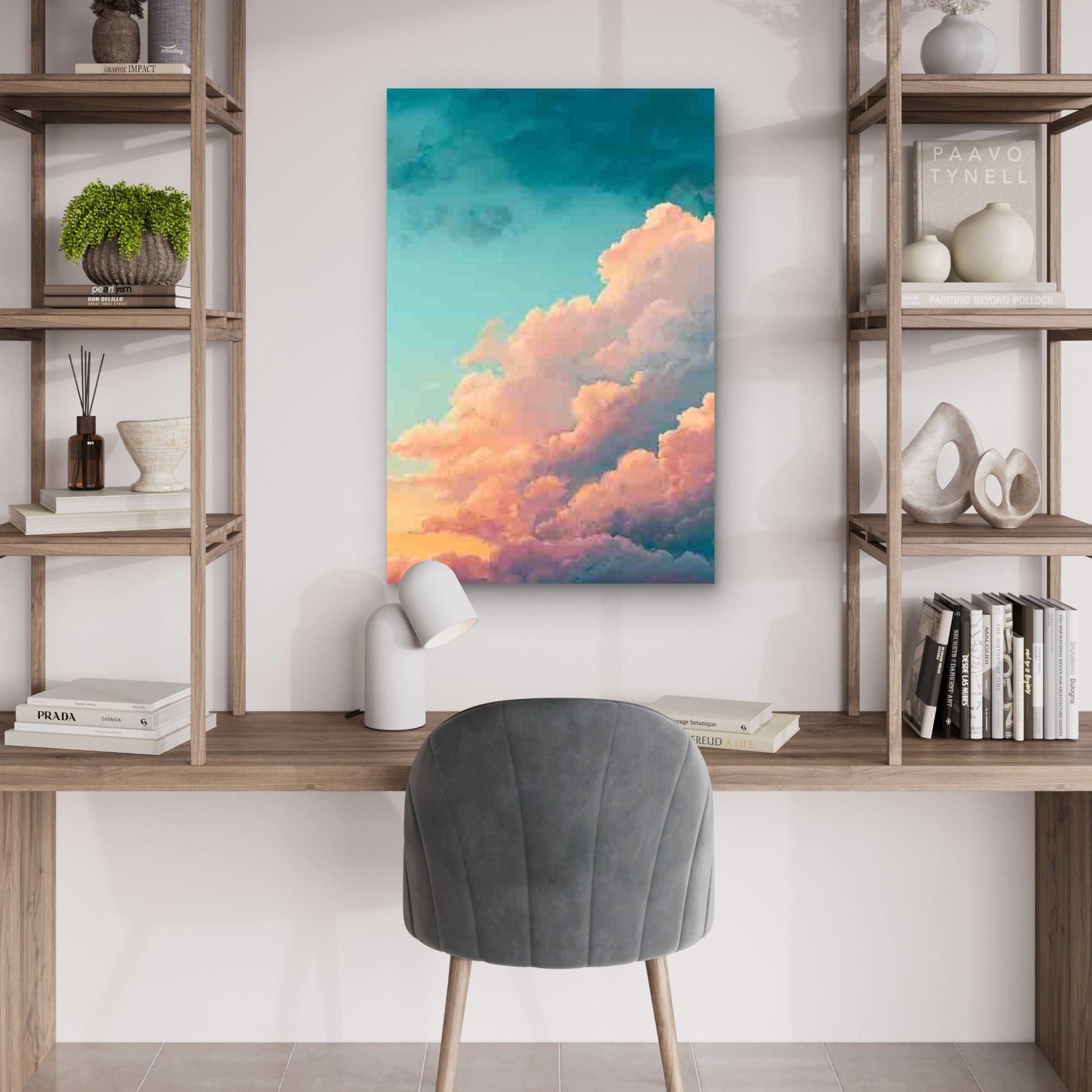 Dreamy Cloudscape with Gentle Teal And Golden Tones 60x90cm Metal Print Ready to Hang - Bella Home Decor
