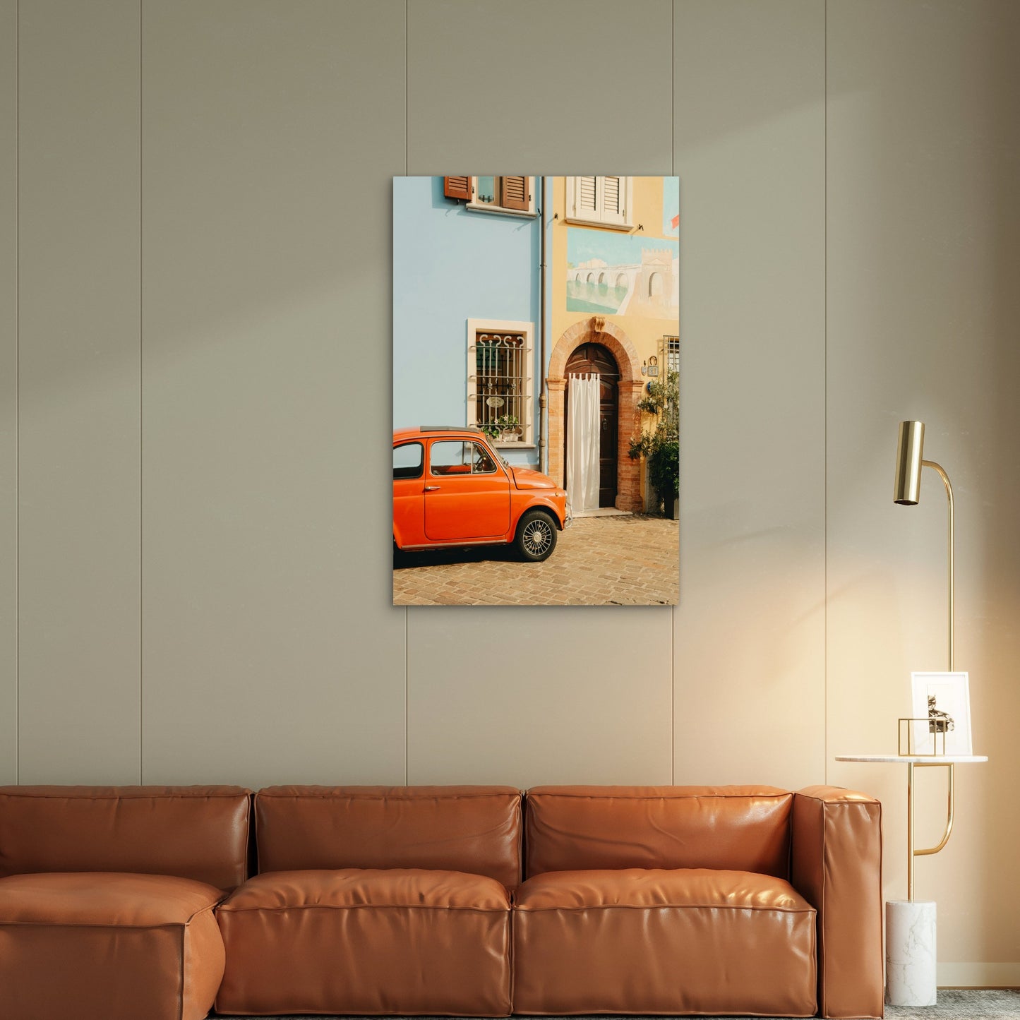 Classic Orange Fiat 500 Parked On A Cobblestone Street 40x60cm Metal Print Ready to Hang