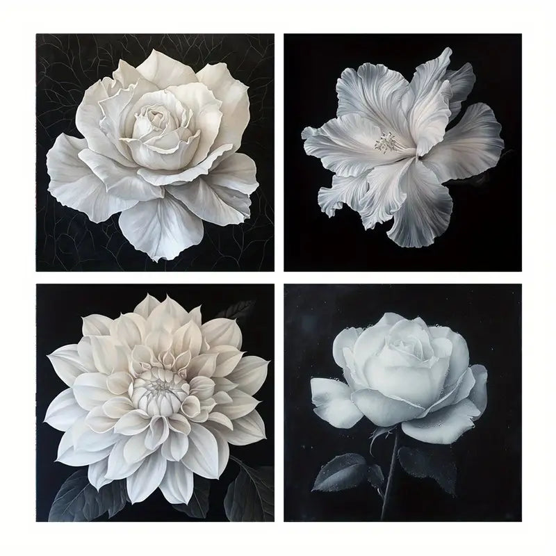4pcs White Flowers On Black Background Wall Art Canvas Framed
