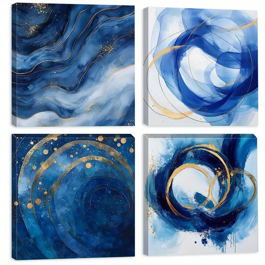 4pcs Blue and Golden Swirls    Wall Art Canvas Framed