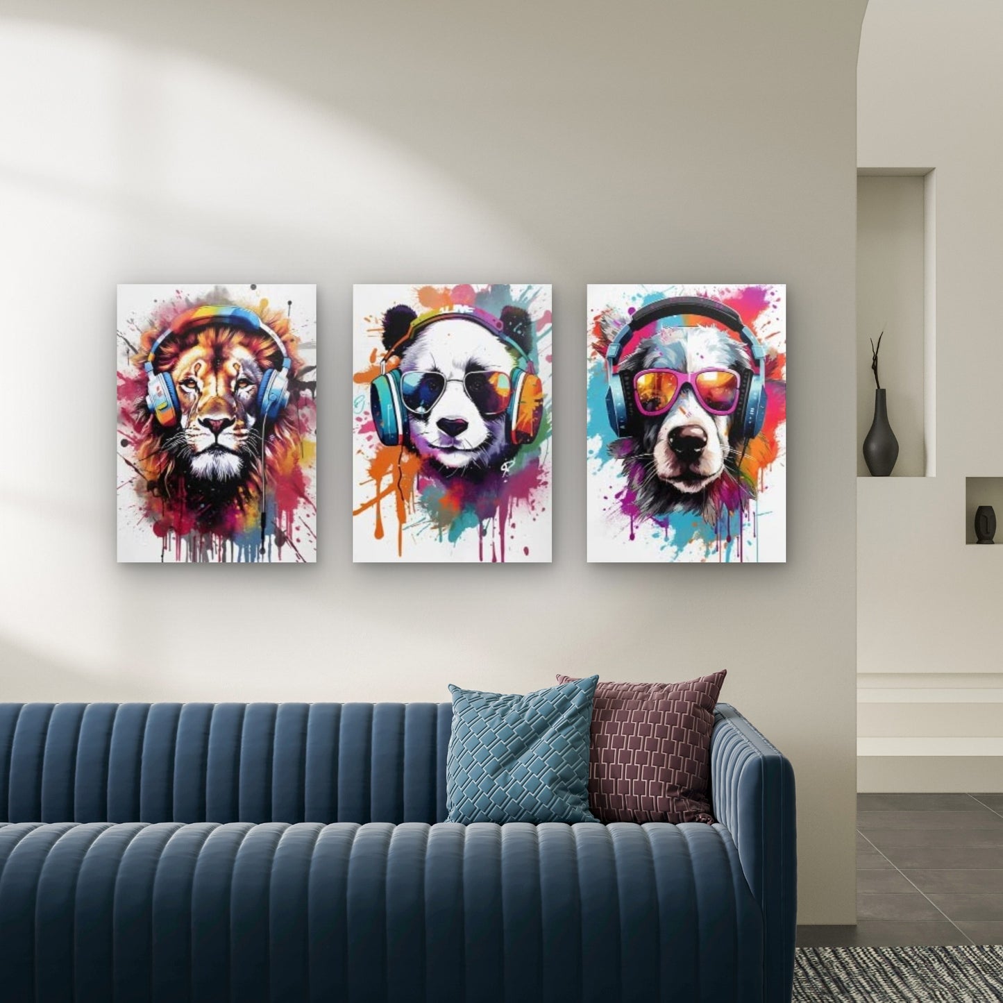3pcs Graffiti Animals Wearing Headphones Wall Art Set Canvas Framed 50x70cm - High Quality Print 100% Australian Made Wall Canvas Ready to Hang - Bella Home Decor