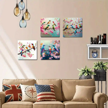 4pcsVibrant Hummingbirds with Cherry Blossoms,Wall Art Canvas Framed