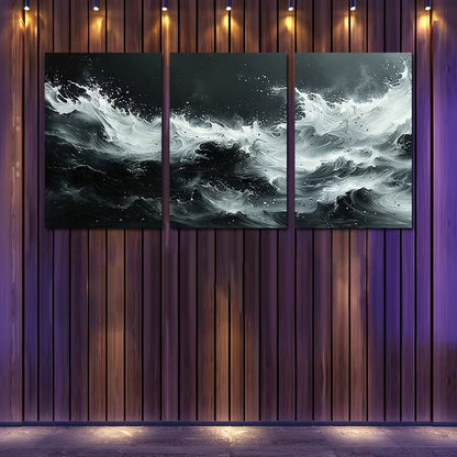 3pcs The Black Sea at Night Wall Art Set Canvas Framed 60x90cm - High Quality Print 100% Australian Made Wall Canvas Ready to Hang