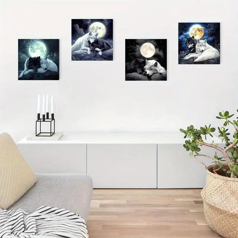 4pcs Moon Black And White Wolf theme  Wall Art Canvas Framed
