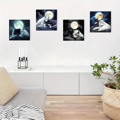 4pcs Moon Black And White Wolf theme  Wall Art Canvas Framed