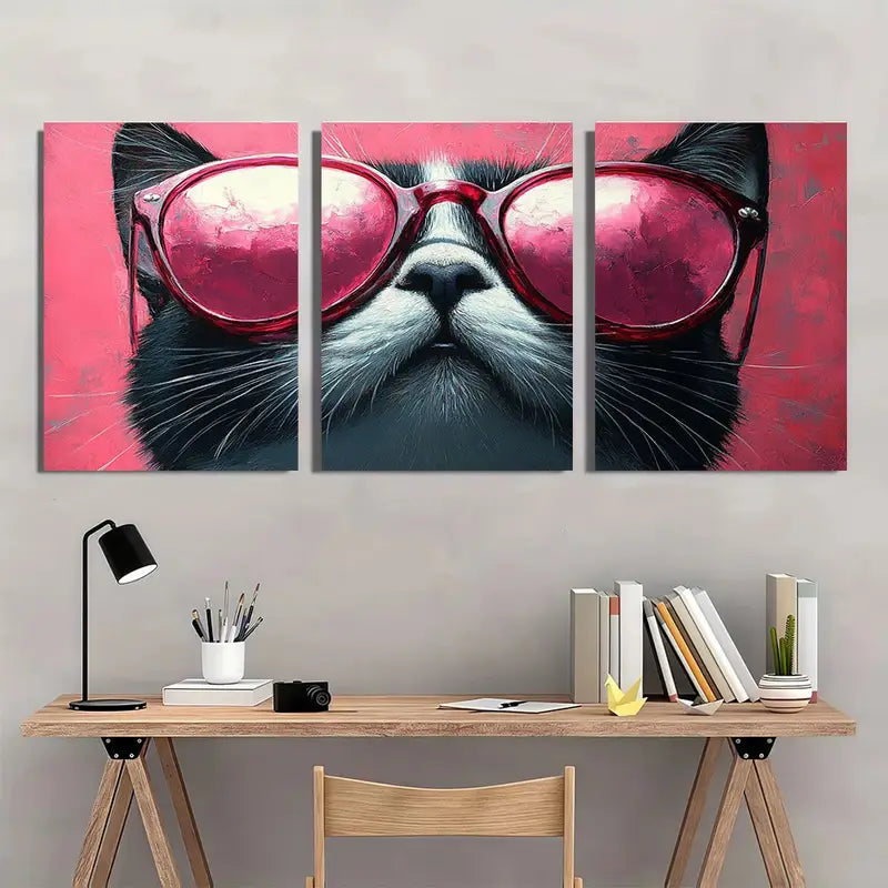 3pcs Chic Black & White Cat with Pink Glasses Metal Print Ready to Hang Art - Bella Home Decor