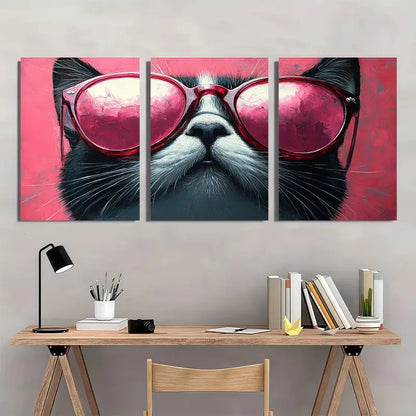 3pcs Chic Black & White Cat with Pink Glasses Metal Print Ready to Hang Art - Bella Home Decor