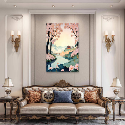 Cherry Blossom Serenity Japanese Pagoda Landscape 40x60cm Metal Print Ready to Hang