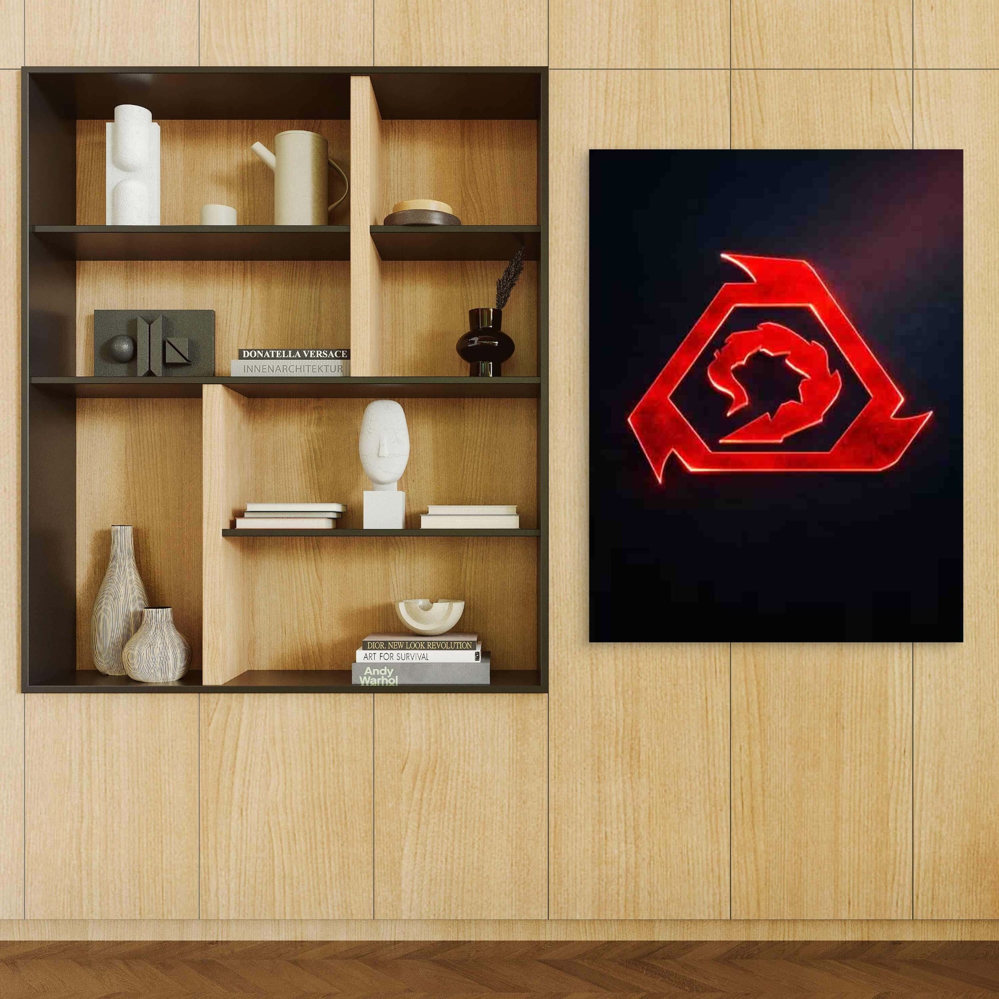 Red Hexagon Emblem 40x60cm Metal Print Ready to Hang - Bella Home Decor