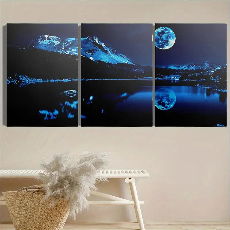 3pcs Dreamy Blue Moon Lake Night Fantasy  Metal Print Ready to Hang Art - Bella Home Decor