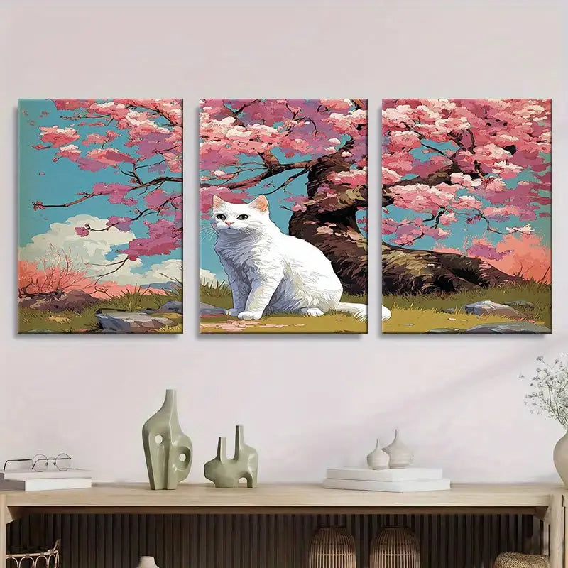 3pcs White Cat & Cherry Blossom Tree Metal Print Ready to Hang Art