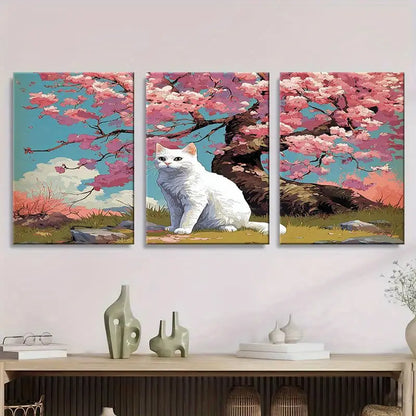 3pcs White Cat & Cherry Blossom Tree Metal Print Ready to Hang Art