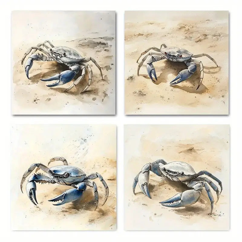 4pcs Blue Crab Rustic Home Decor   Wall Art Canvas Framed