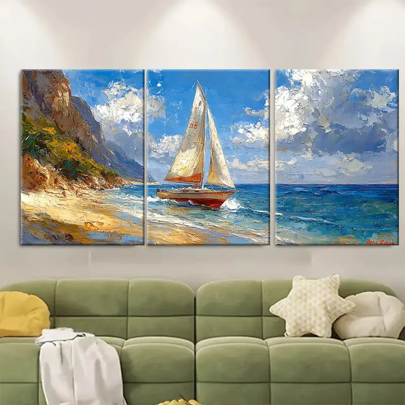 3pcs Boat On A Beach Metal Print Ready to Hang Art - Bella Home Decor