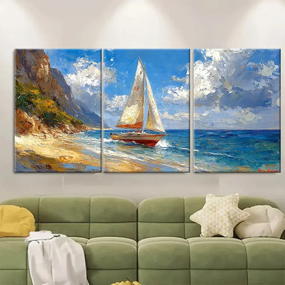 3pcs Boat On A Beach Metal Print Ready to Hang Art - Bella Home Decor