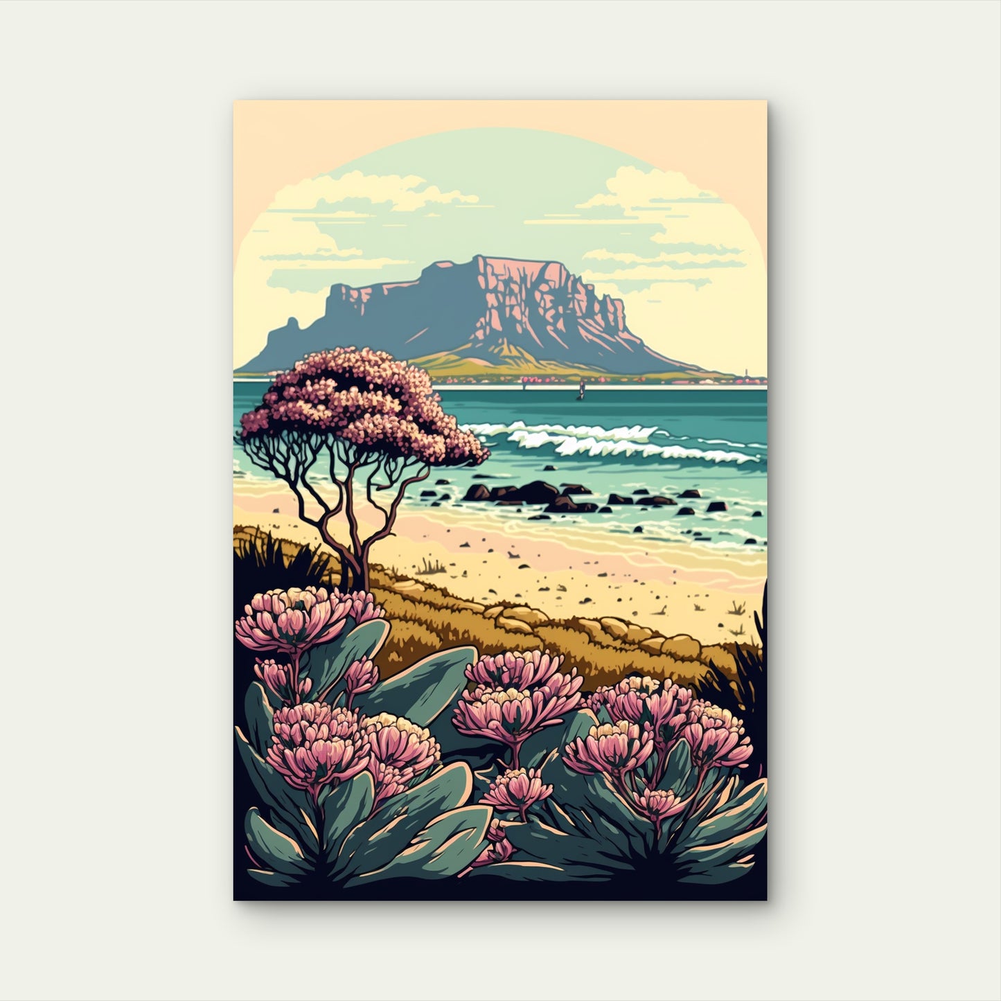 Table Mountain, Cape Town Illustration 40x60cm Metal Print Ready to Hang