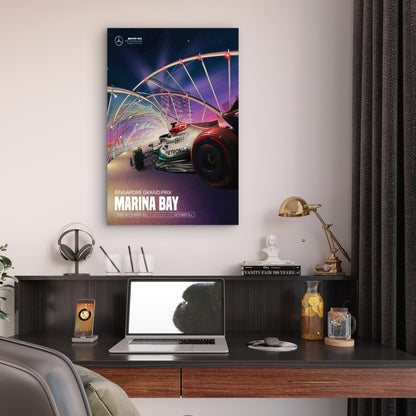 Silver Racing Car Singapore Night Cityscape 60x90cm Metal Print Ready to Hang