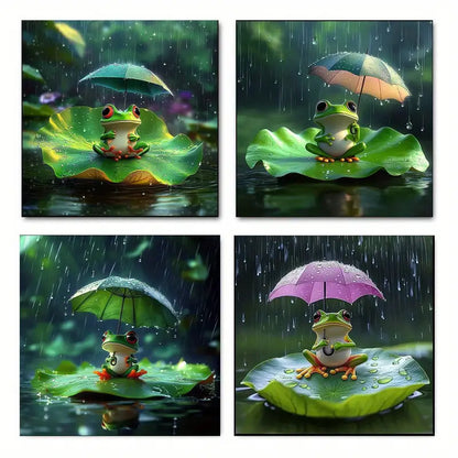 4pcs  Whimsical Frog & For Lotus Leaf  Wall Art Canvas Framed