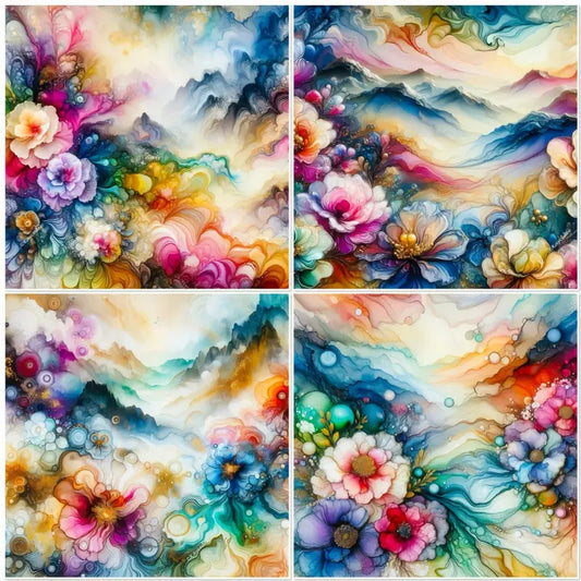 4pcs  Flowers And Mountain Colorful Senery Wall Art Canvas Framed