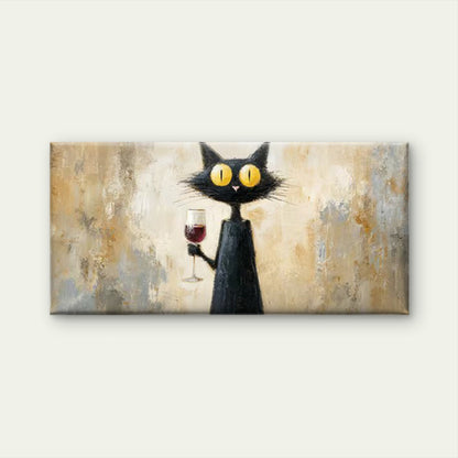 Black Cat & Wine Glass Wall Art Canvas Office Home Room Framed 120x60cm