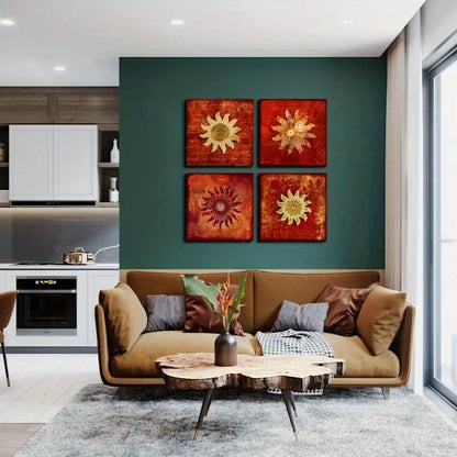 4pcs Red Sunflower Print Wall Art Canvas Framed