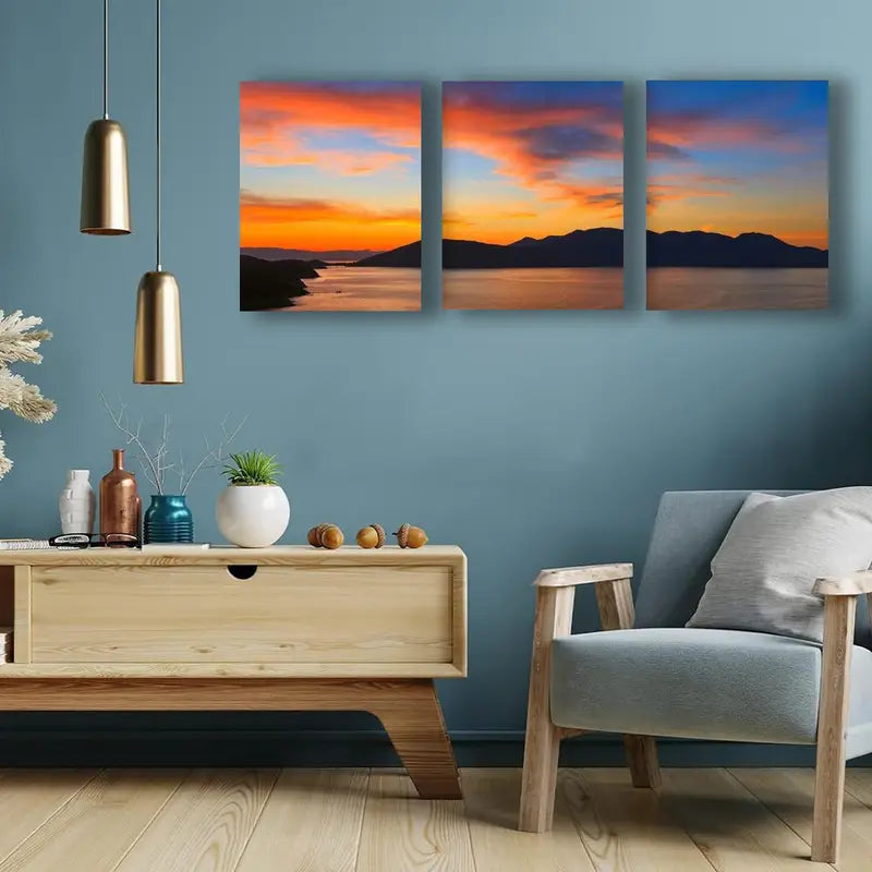 3pcs Vibrant Orange & Blue Sky Design Metal Print Ready to Hang Art