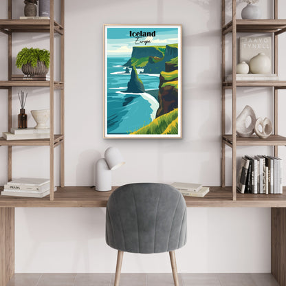 Iceland Europe Sea Stacks Coastal Cliffs Travel Poster Print Wall Art