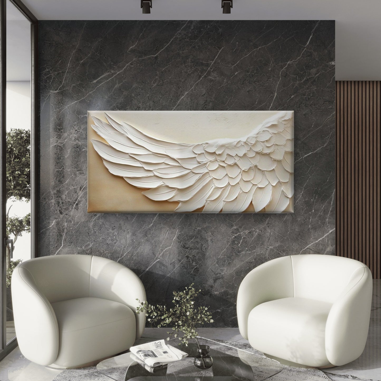 Beige & White Wing Wall Art Canvas Office Home Room Framed 120x60cm
