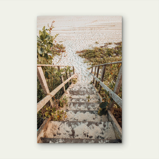 Beautiful Shot Stairs Beach With Golden Sunset Colors 60x90cm Metal Print Ready to Hang