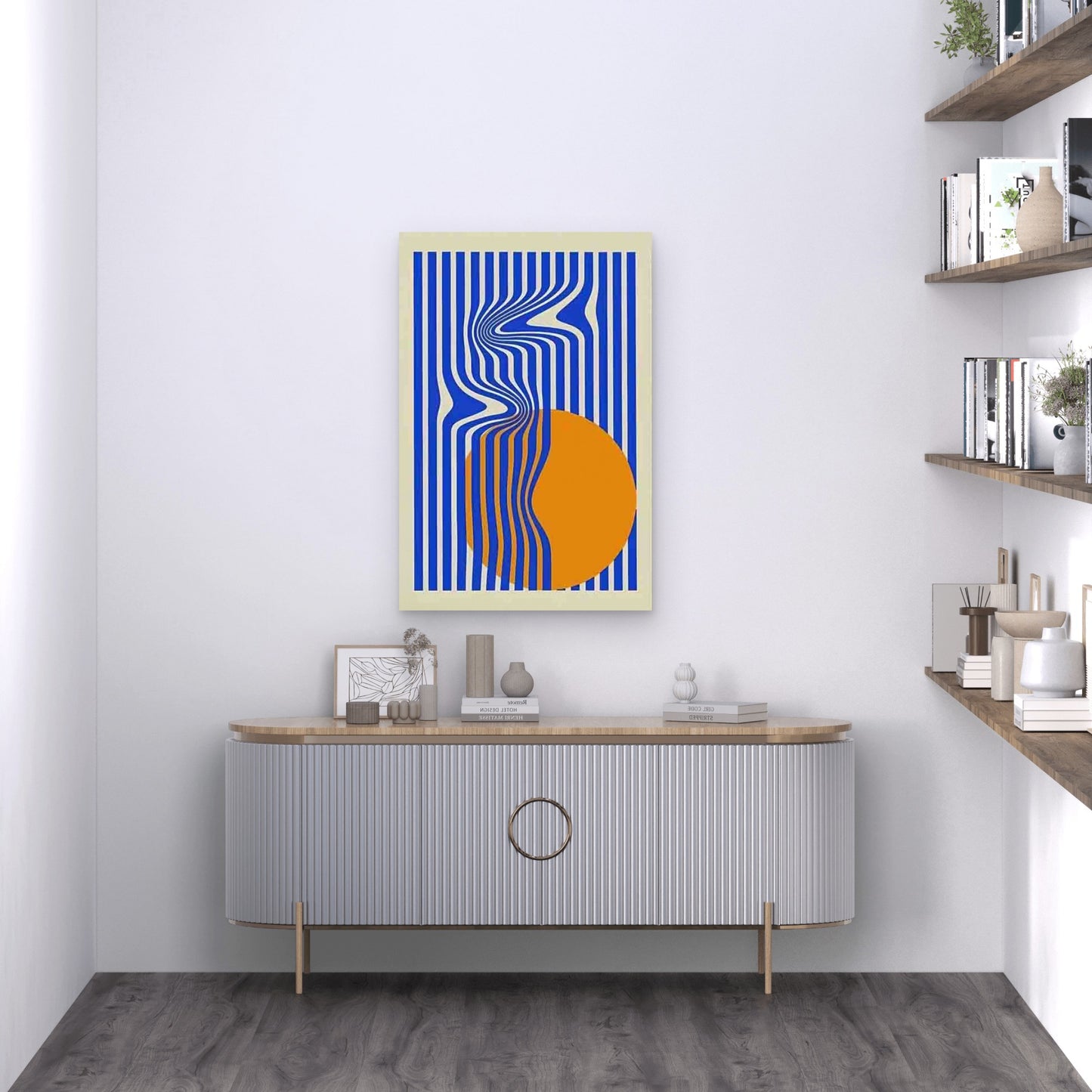 Geometric Blue Strips And Yellow Sphere Metal Print Ready to Hang
