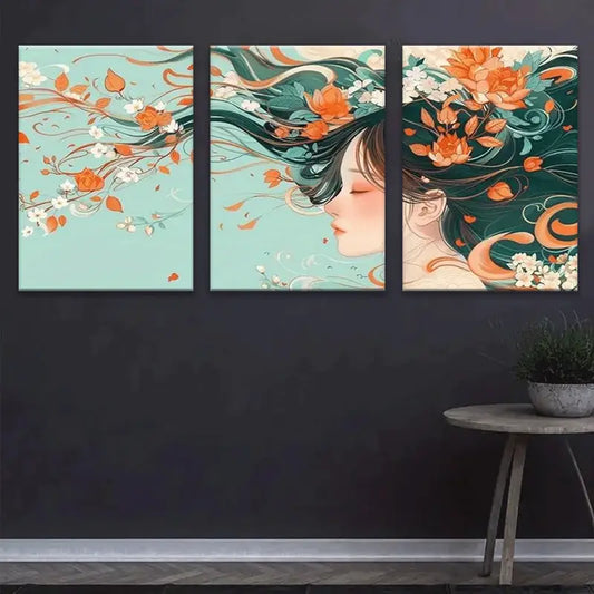 3pcs Vibrant Orange Flowers & Teal Blue Backgroun Metal Print Ready to Hang Art