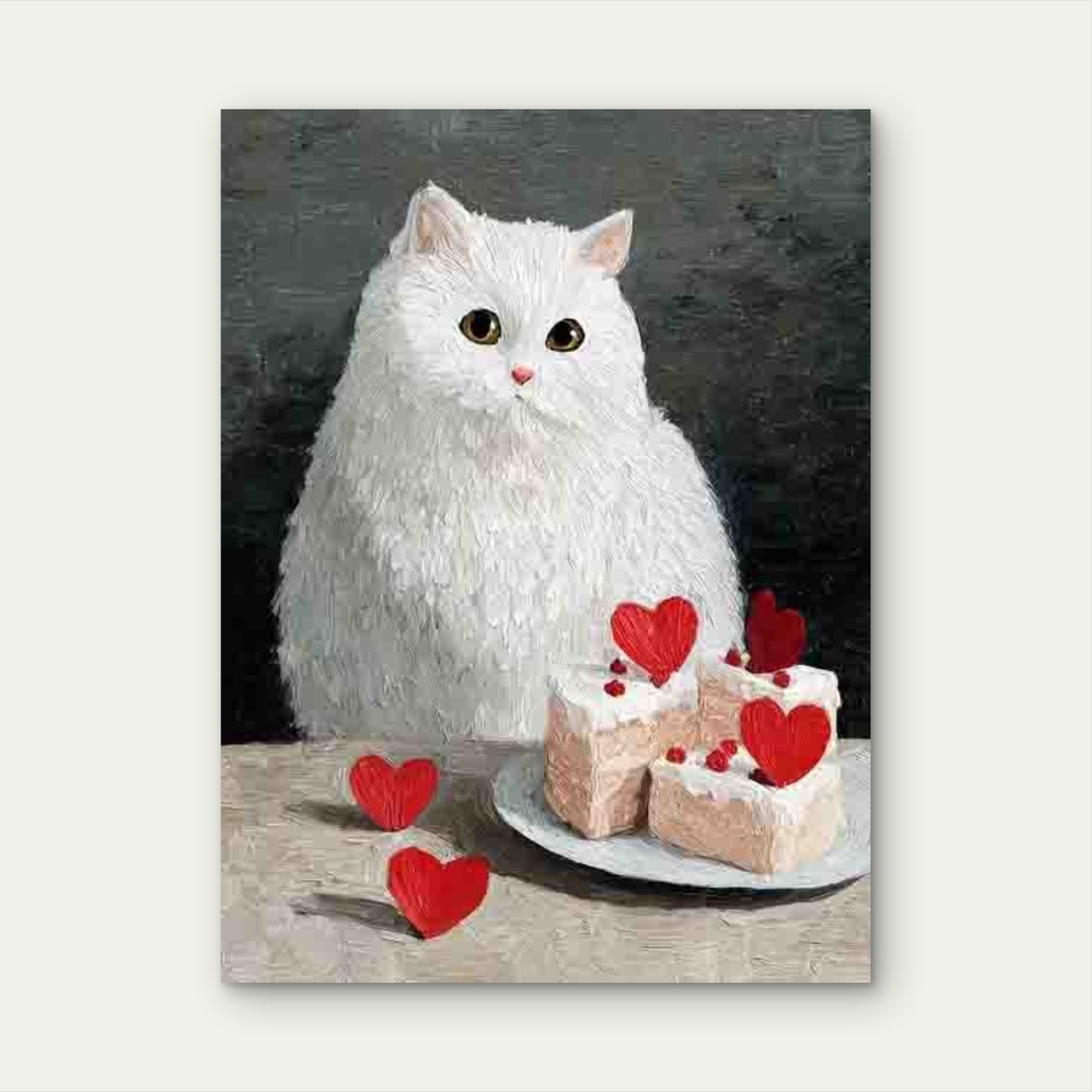 White Cat And Cake And Hearts Metal Print Ready to Hang