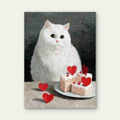 White Cat And Cake And Hearts Metal Print Ready to Hang