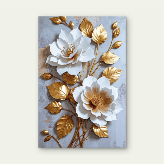 White Flower Gold Leaf 3D Floral Lotus Decor 40x60cm Metal Print Ready to Hang