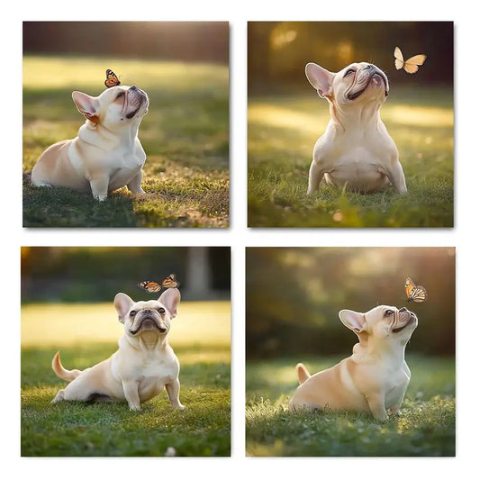 4pcs French Bulldog And Butterfly  Wall Art Canvas Framed