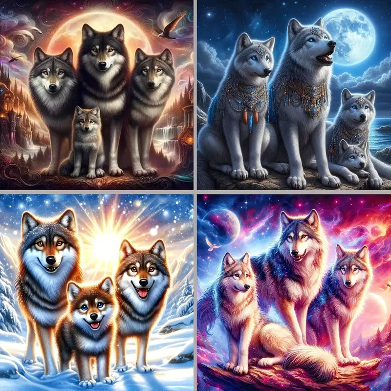 4pcs Wolf Pack Diamond Painting Wall Art Canvas Framed