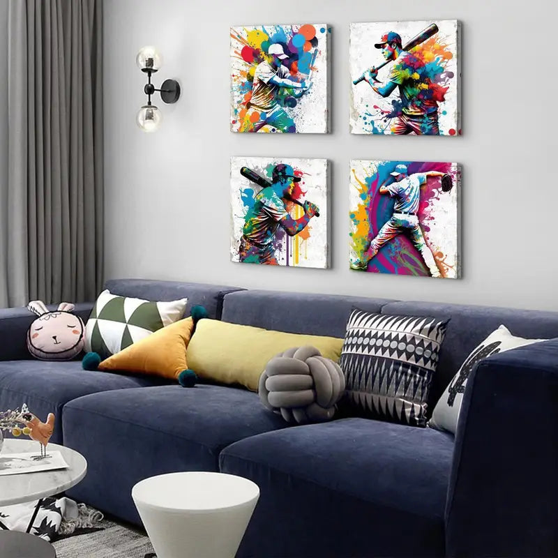 4pcs Watercolor Baseball Wall Art Canvas Framed