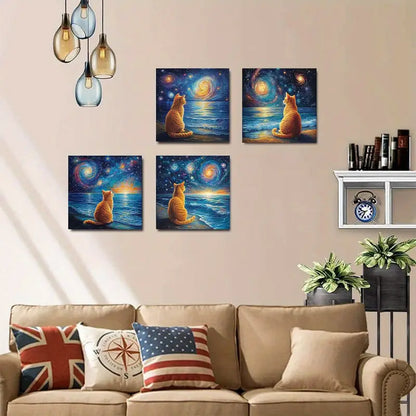 4pcs Cat and for galaxy  Circle  Wall Art Canvas Framed