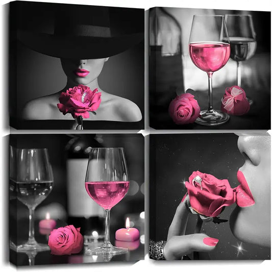 4pcs Pink Rose Wine Glasses Wall Art Canvas Framed