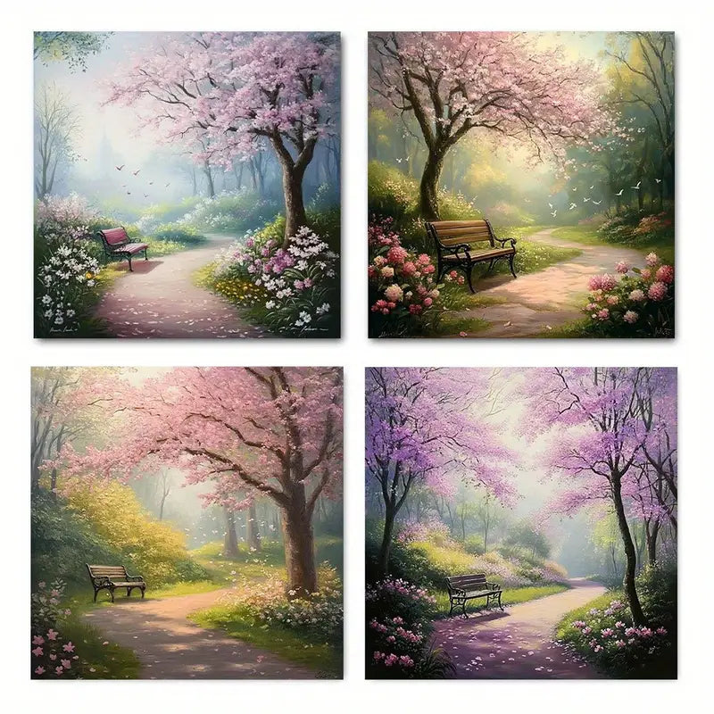 4pcs  Garden Path With Blooming Trees Wall Art Canvas Framed
