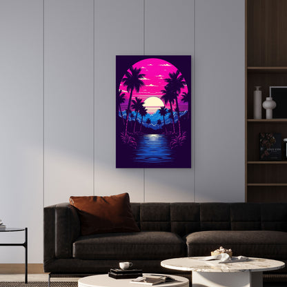 Neon Horizon Framed by Palm Silhouettes 40x60cm Metal Print Ready to Hang - Bella Home Decor