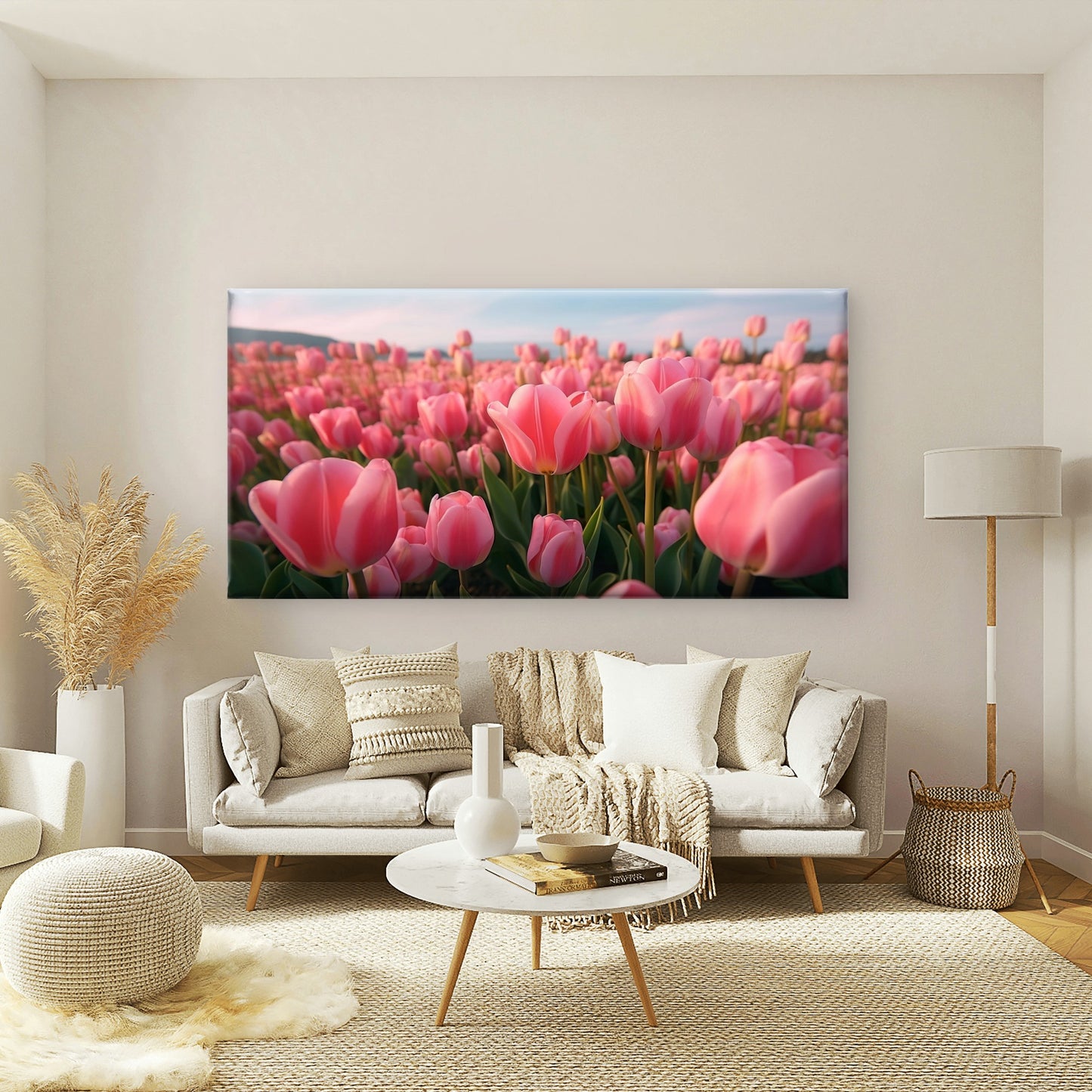 Pink Tulip Field Sunrise Wall Art Canvas Office Home Room Framed 120x60cm