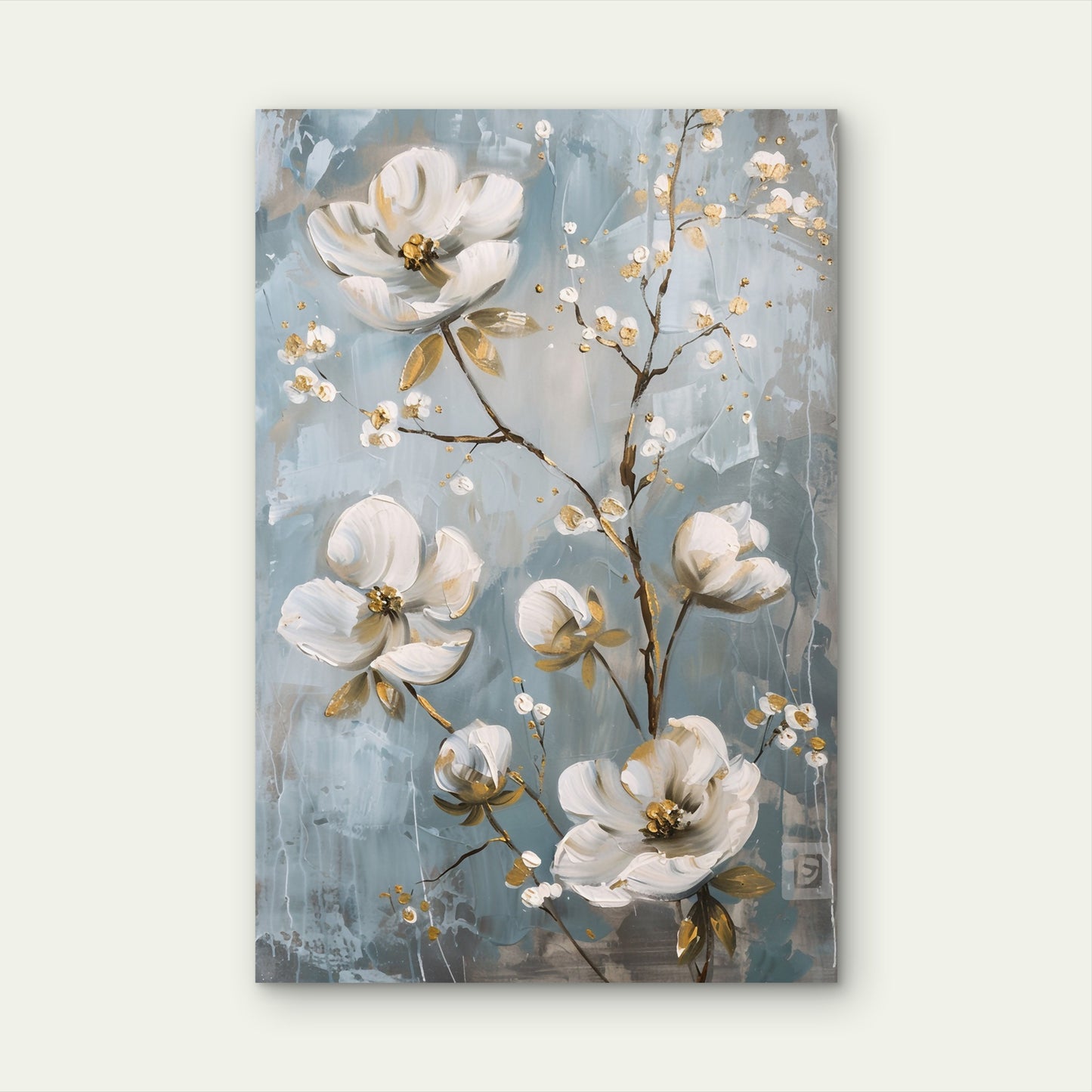 White Blossom Blue Gray Floral Painting 40x60cm Metal Print Ready to Hang