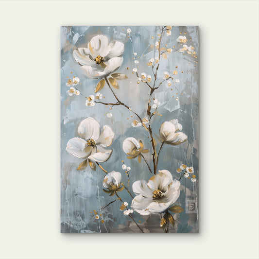 White Blossom Blue Gray Floral Painting 40x60cm Metal Print Ready to Hang