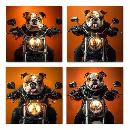 4pcs Abstract Bulldog on Motorcycle  Print o Wall Art Canvas Framed