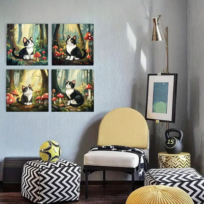 4pcs  Whimsical Forest Cat & Mushroom  ty     Wall Art Canvas Framed