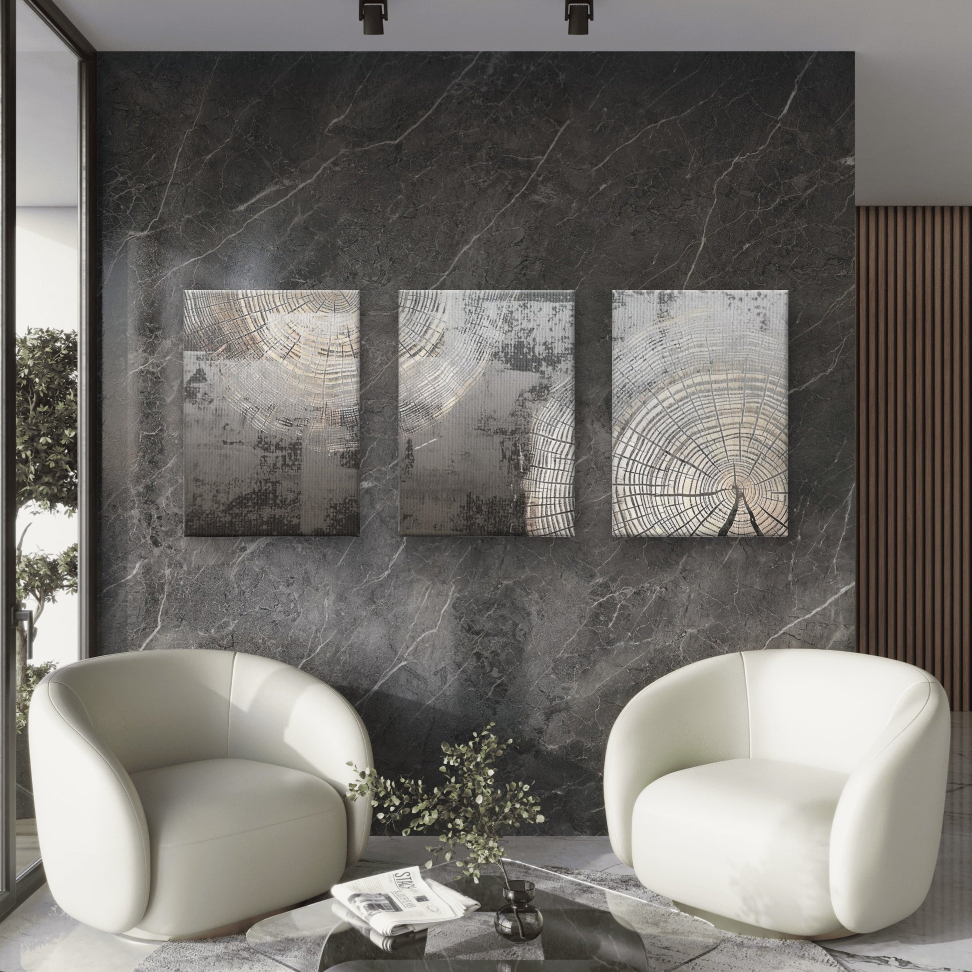 3pcs Abstract Rustic Grey Gold Tree Ring Wall Art Set Canvas Framed 40x60cm - High Quality Print 100% Australian Made Wall Canvas Ready to Hang