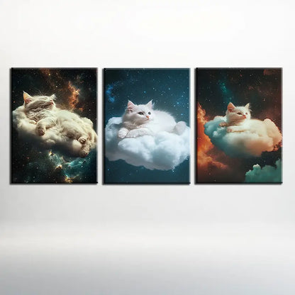 3pcs Whimsical Cat Cloud Elegant Painting Metal Print Ready to Hang Art